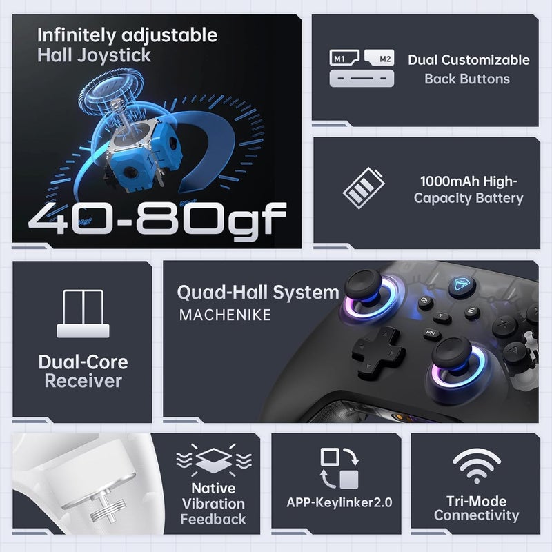 MACHENIKE جهاز تحكم بلوتوث G3V2 لجهاز الكمبيوتر/سويتش/آي أو إس/أندرويد، عصي تحكم بتأثير هول، إضاءة RGB، جهاز تحكم للألعاب، 2 زر قابل للبرمجة، بطارية 1000 مللي أمبير مع محطة شحن، وردي - Image 2